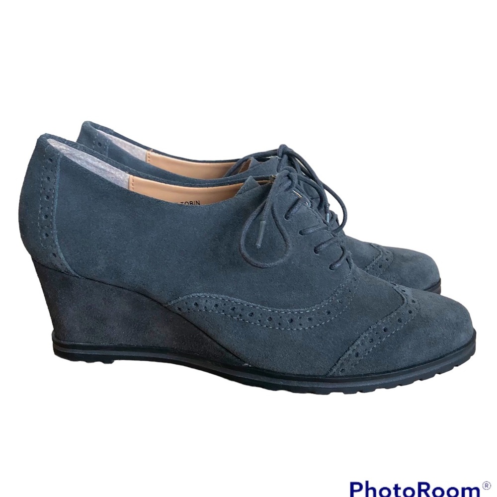 Ellen Tracy Active Gray Suede Leather Wingtip Pointed Lace Up Wedge Heels 7.5
